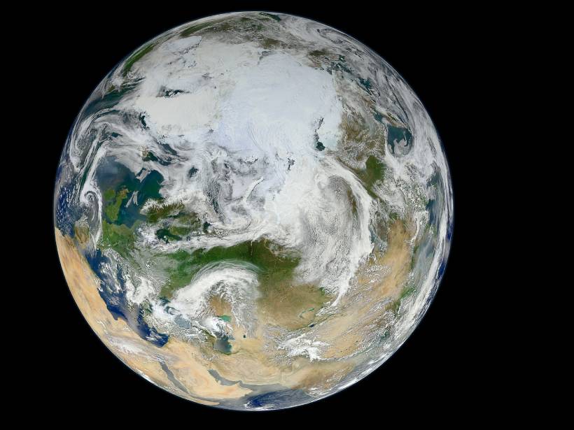 Satellite image of Earth focused on the Arctic