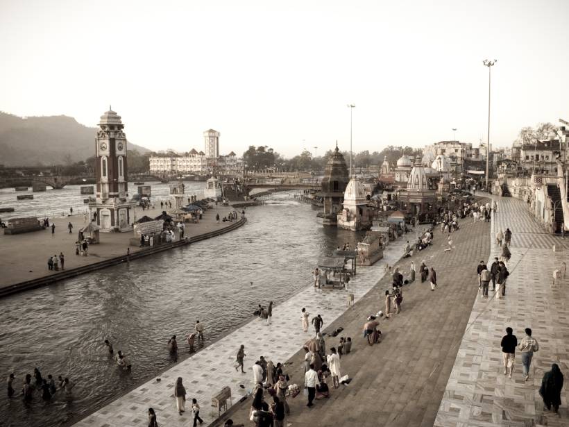 The steps of Har Ki Pauri lead down to the banks of the Ganges in Haridwar, India.