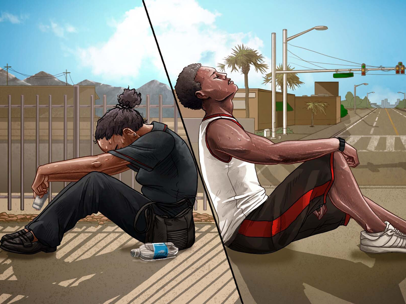 Illustration of underserved communities in Phoenix and Florida suffering from heat illnesses