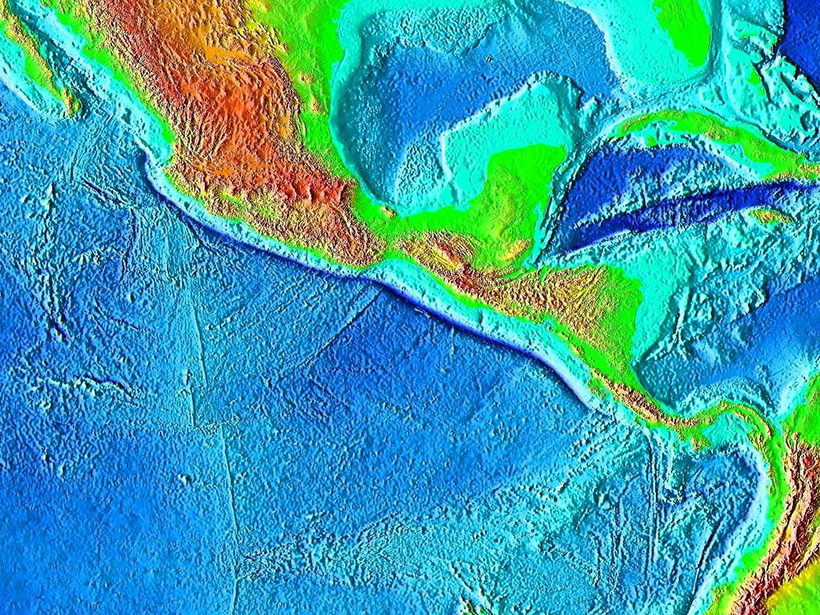 Map view of the topography of Central America and surrounding ocean basins
