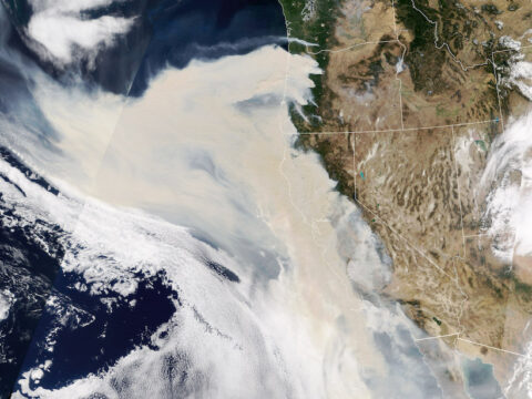 Satellite image showing smoke spreading from numerous fires near the U.S. West Coast