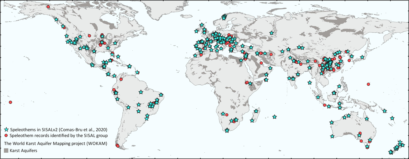 Map showing distribution of speleothem records in Version 2 of the SISAL database