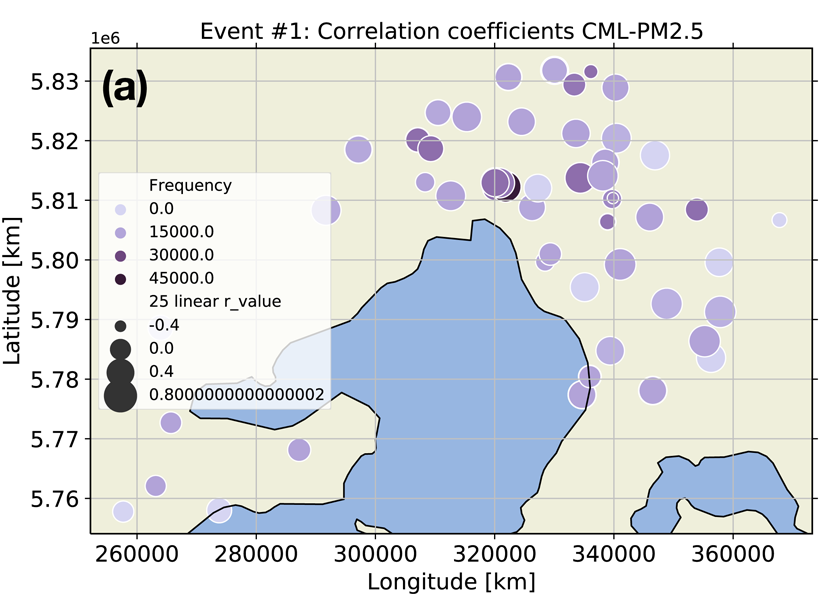 Map of the Melbourne region showing how radio link observations correlated with measurements from surface air quality stations