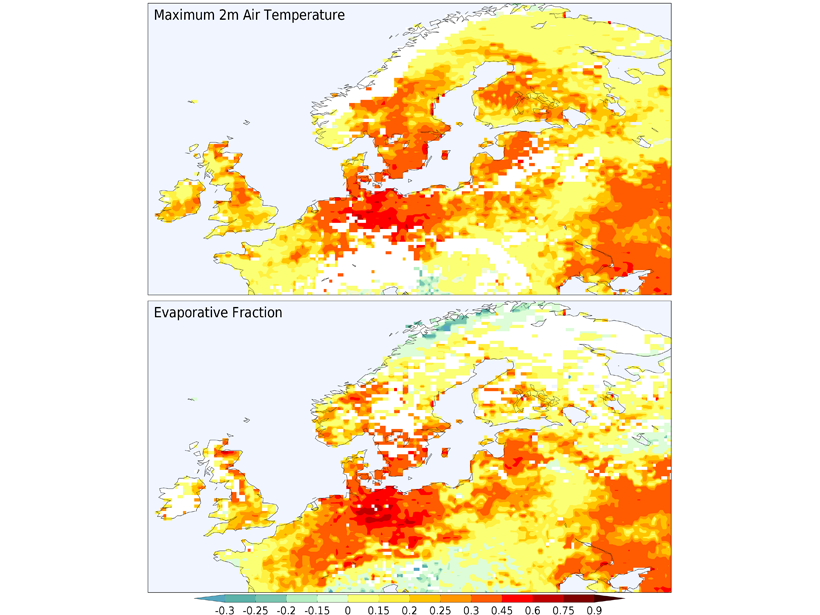 Two maps of Europe showing the fraction of days during May-August 2018 when estimated soil moisture fell below a critical threshold based on daily maximum temperature (top) and evaporative fraction (bottom) compared to the 1979-2018 average.