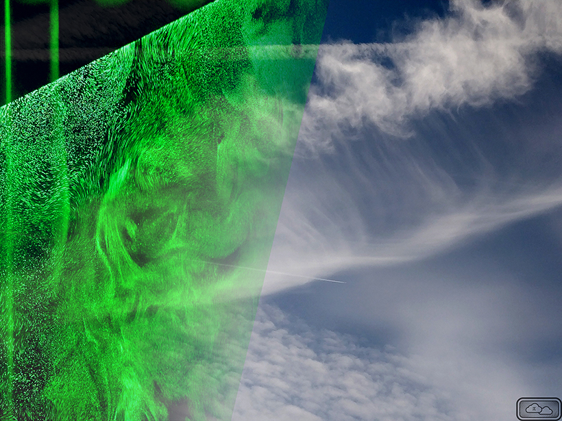 Cloud droplets in turbulence (left) and cloud droplets in Earth’s atmosphere (right)