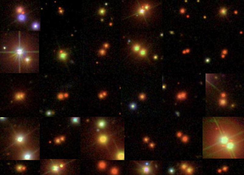 Spacecraft images of binary stars arrayed in a gridded collage