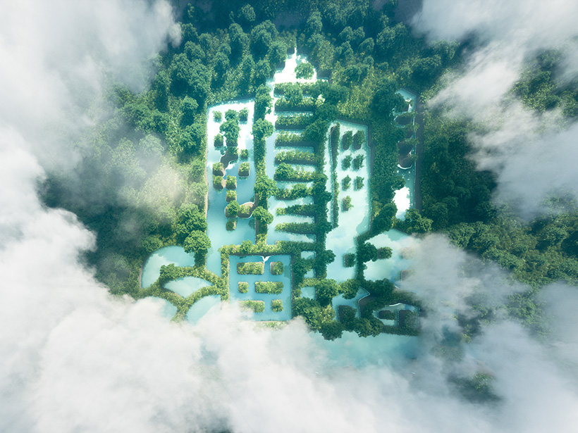 Lake in a shape of a city in the middle of pure and fresh rain forest scenery viewed from a bird’s perspective.