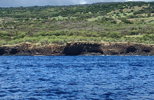 View from the water of lava tubes along the coast of Hawaiʻi near Hualalai volcano