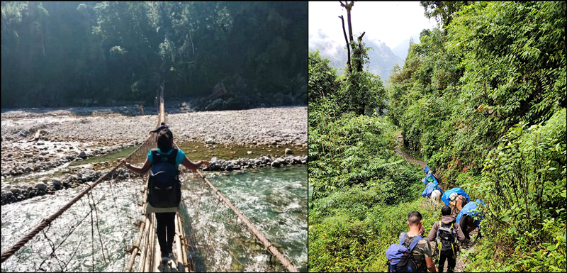 People cross a narrow bridge over a river (left) and hike on a narrow path through jungle (right) People cross a narrow bridge over a river (left) and hike on a narrow path through jungle (right)
