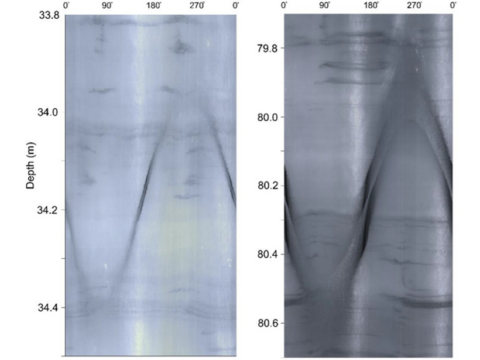 2-D representation of 360-degree borehole images from about 34 and 80 meters deep showing several identified crevasse traces