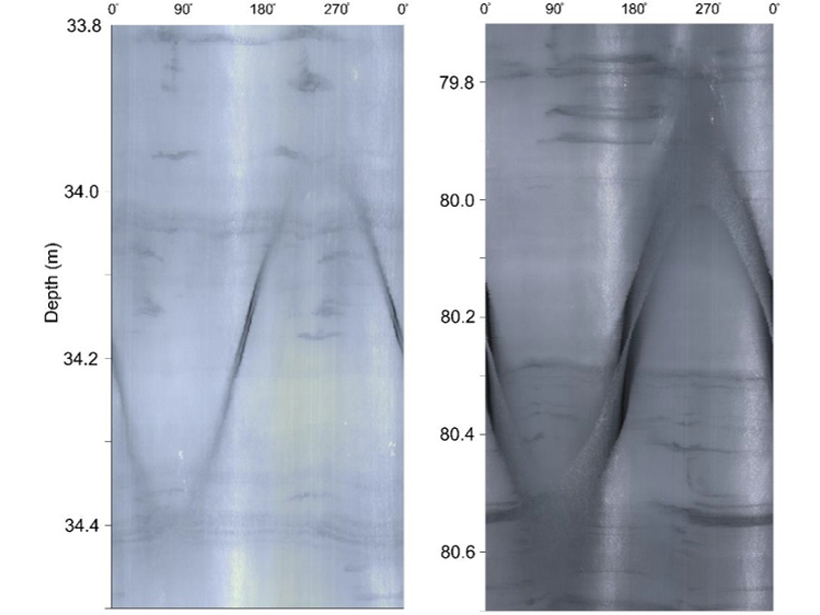 2-D representation of 360-degree borehole images from about 34 and 80 meters deep showing several identified crevasse traces