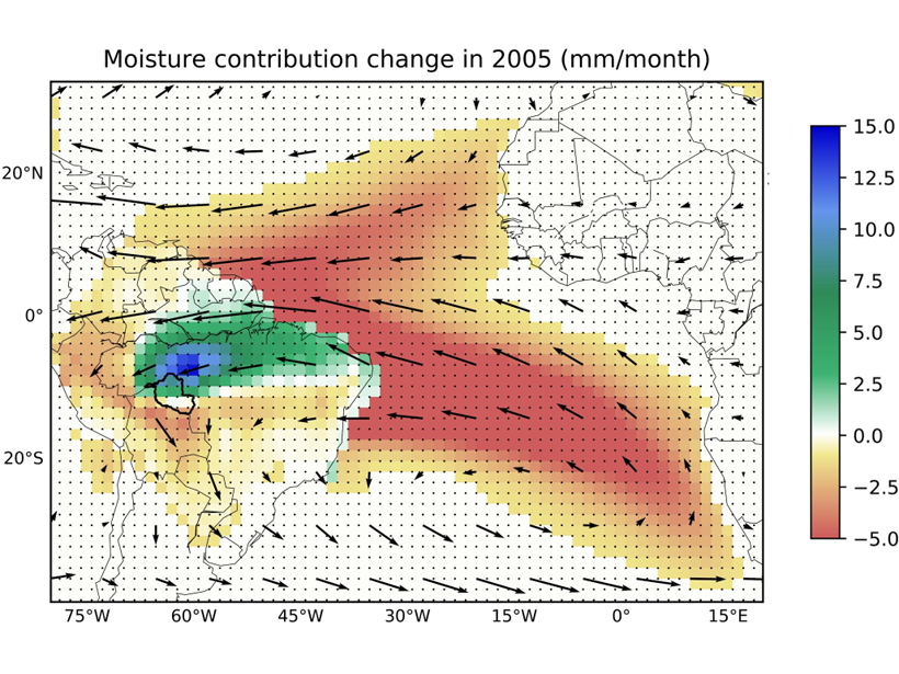 Map showing moisture contribution anomalies during the 2005 drought quantified as the deviation from long-term average.