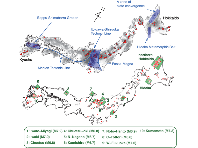 Two maps of the Japanese islands showing distribution of volcanoes (top) and areas of large crustal earthquakes analyzed in this study (bottom).
