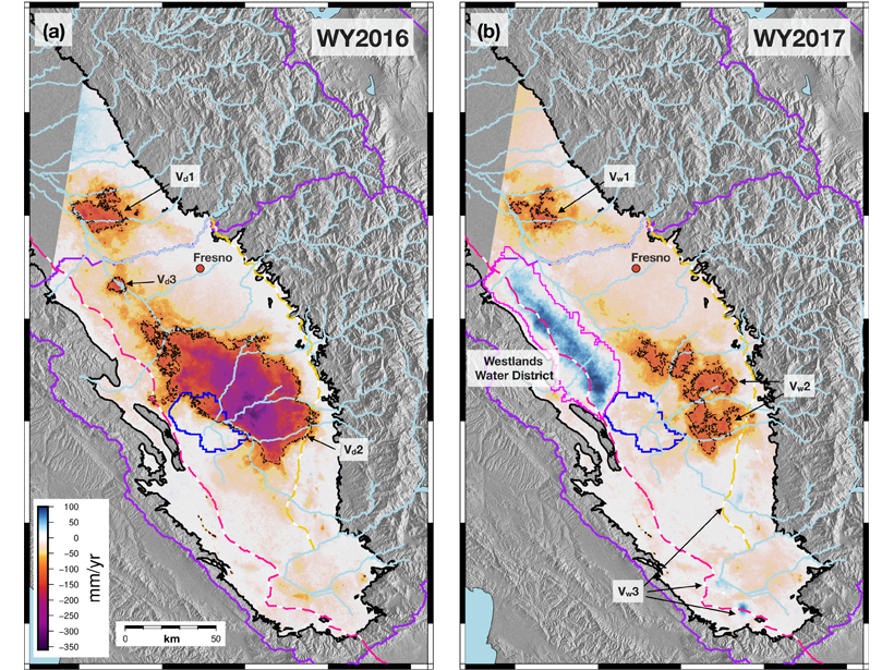 Two maps of the San Joaquin Valley showing geodetic observations for a consecutive dry water year (left) and wet water year (right)