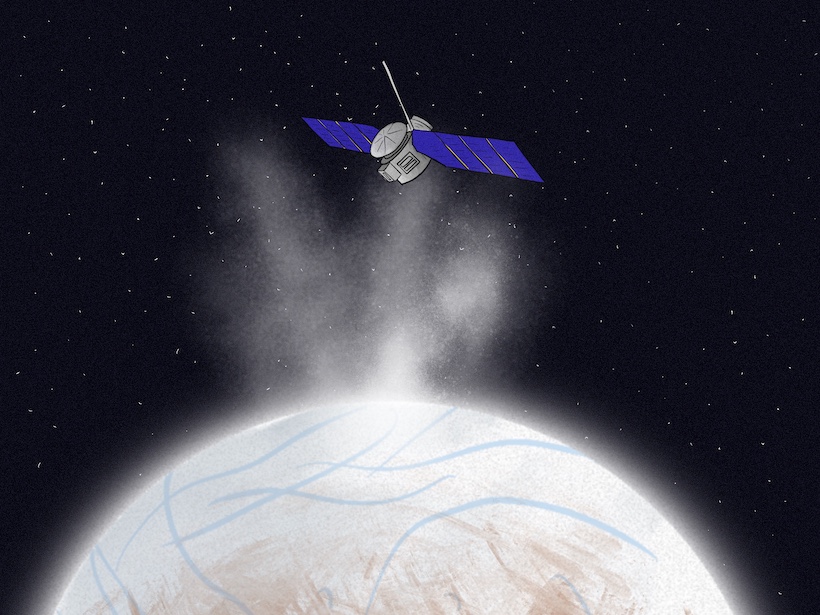 Una representación artística de Europa Clipper volando a través de las plumas de Europa, estudiando la luna y buscando vida.