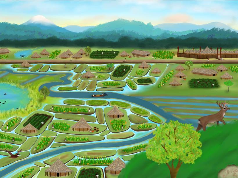Ilustración describiendo la sabana de Bogotá viendo desde el Cerro Suba observando el territorio donde el río Bogotá fluye a través del paisaje.