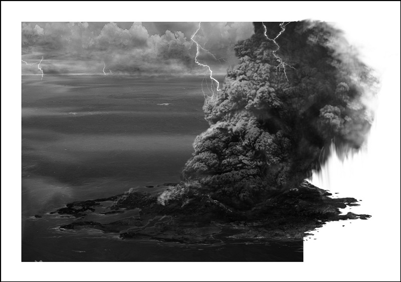 Black-and-white illustration of a volcano eruption in the ocean