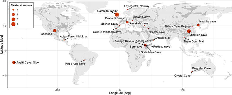 Locations of laminated stalagmites investigated in Baker et al. [2021].
