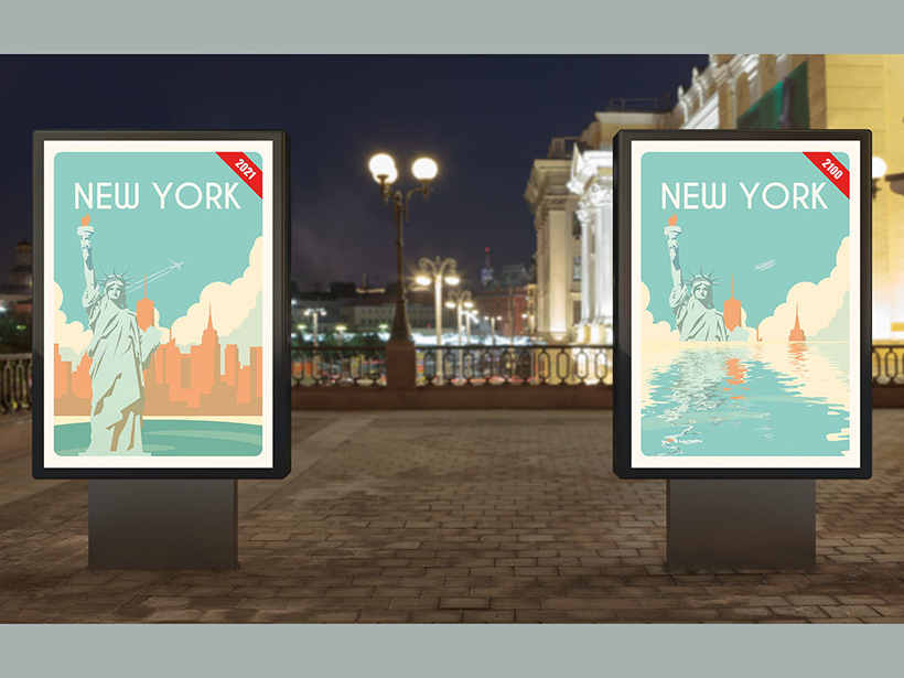 Tourist-style posters of sea level rise displayed in New York
