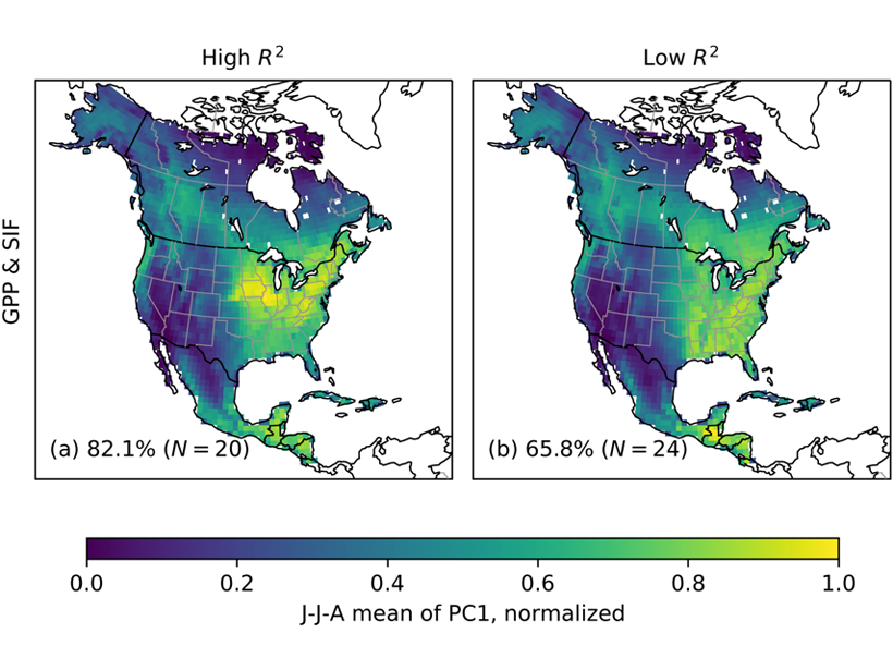 Two maps of North America showing patterns of CO2 uptake by photosynthesis during the growing season based on two different models of atmospheric CO2 variations.