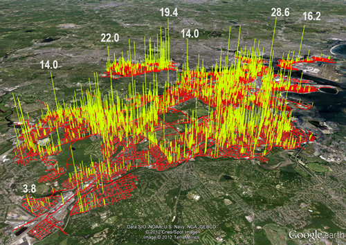 A map of Boston showing spikes in methane concentrations A map of Boston showing spikes in methane concentrations