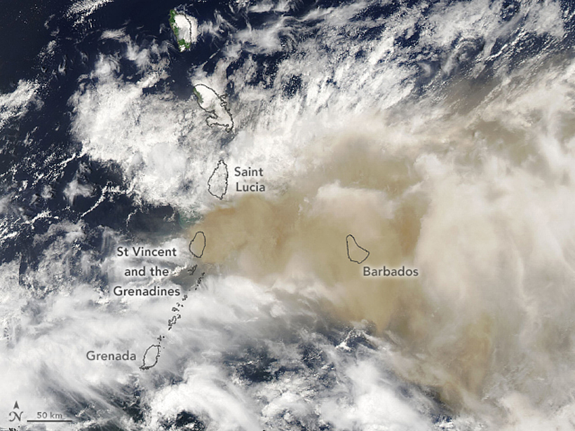 Outlines of Lesser Antilles islands and Barbados placed on top of satellite imagery of the Caribbean showing both white meteorological clouds and a plume of brown volcanic ash.