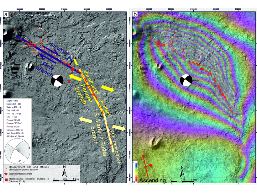 An arc-shaped coseismic shear belt associated with the 2018 Mw 4.9 earthquake at Etna volcano shows up on both mapping and InSAR.