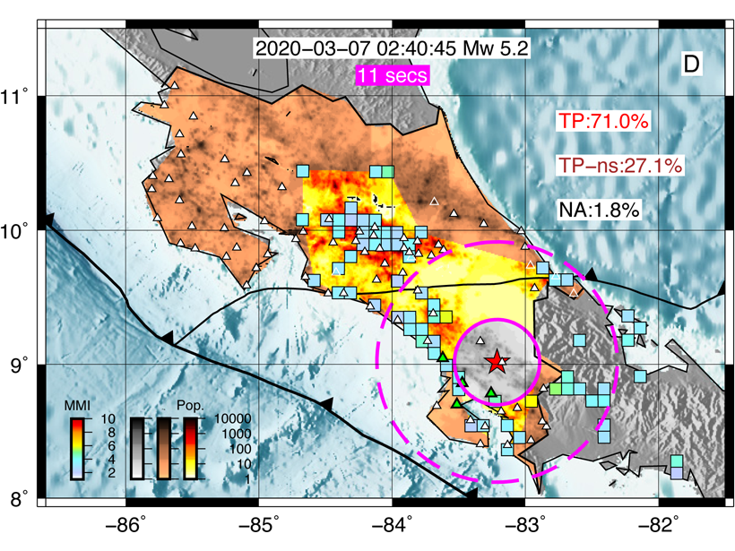 Map of Costa Rice showing results from the ASTUTI network for a magnitude 5.2 earthquake.