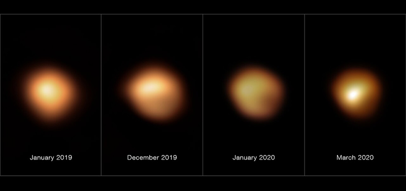 Arranged horizontally are four high-resolution images of the supergiant star Betelgeuse from January 2019 through March 2020. The star appears orange and yellow on a black background. It is brightest in the leftmost image, and the lower right area of the star gets dimmer in sequential images.