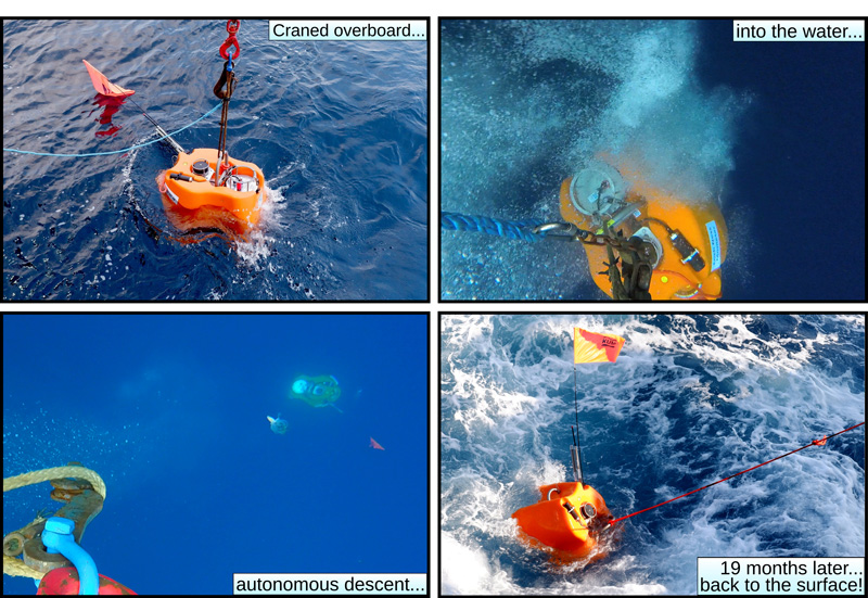 Sequence of photos showing deployment (top left, top right, and bottom left) and retrieval (bottom right) of ocean bottom seismometers Sequence of photos showing deployment (top left, top right, and bottom left) and retrieval (bottom right) of ocean bottom seismometers