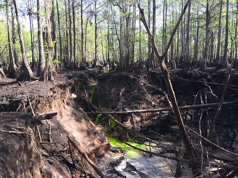 A researcher stands above a large sinkhole, pouring green dye into draining water.