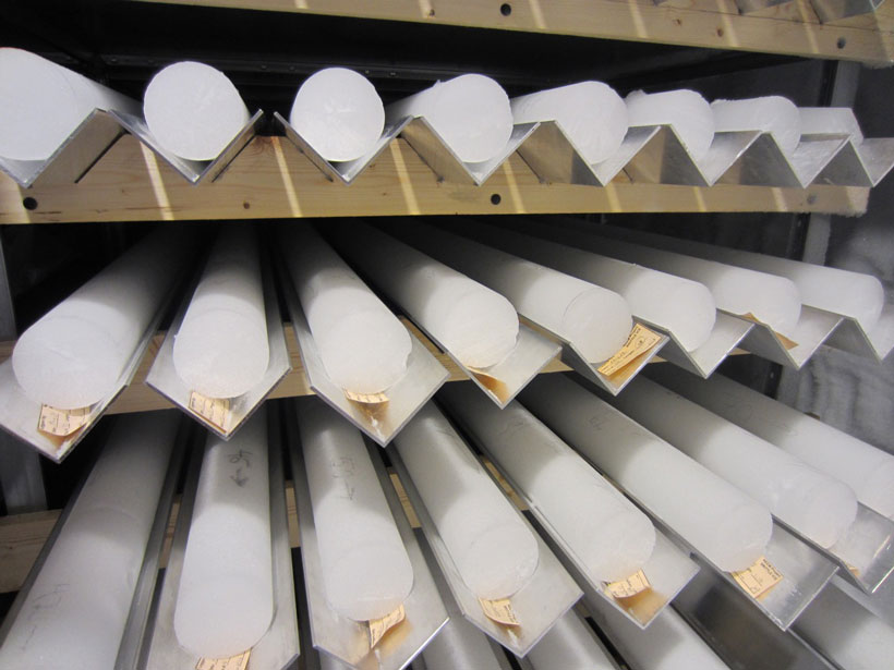 More than 20 ice cores sit on shelves