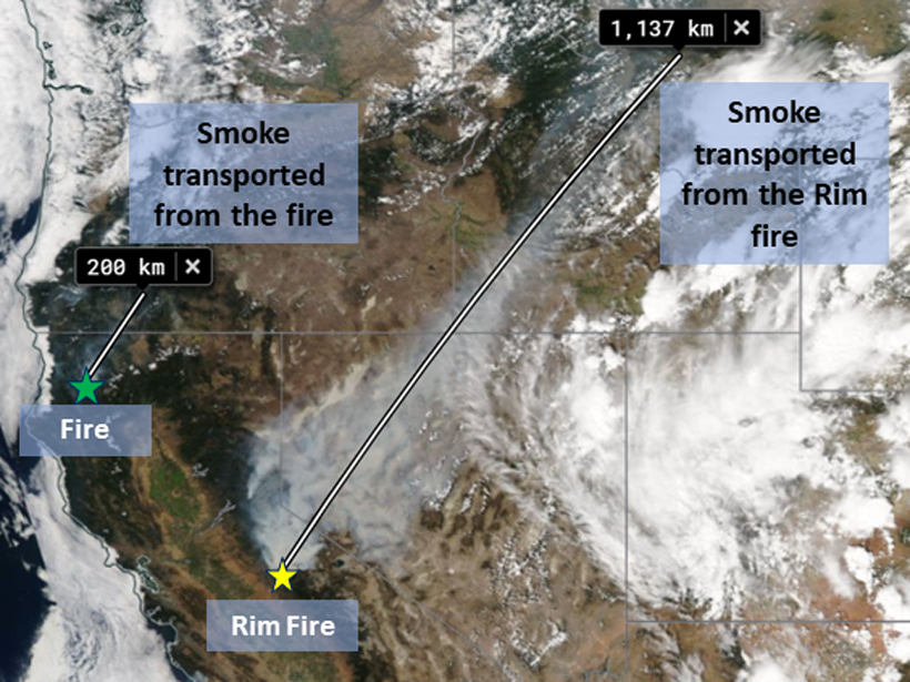 A map of the western United States showing smoke transported after fires in August 2013
