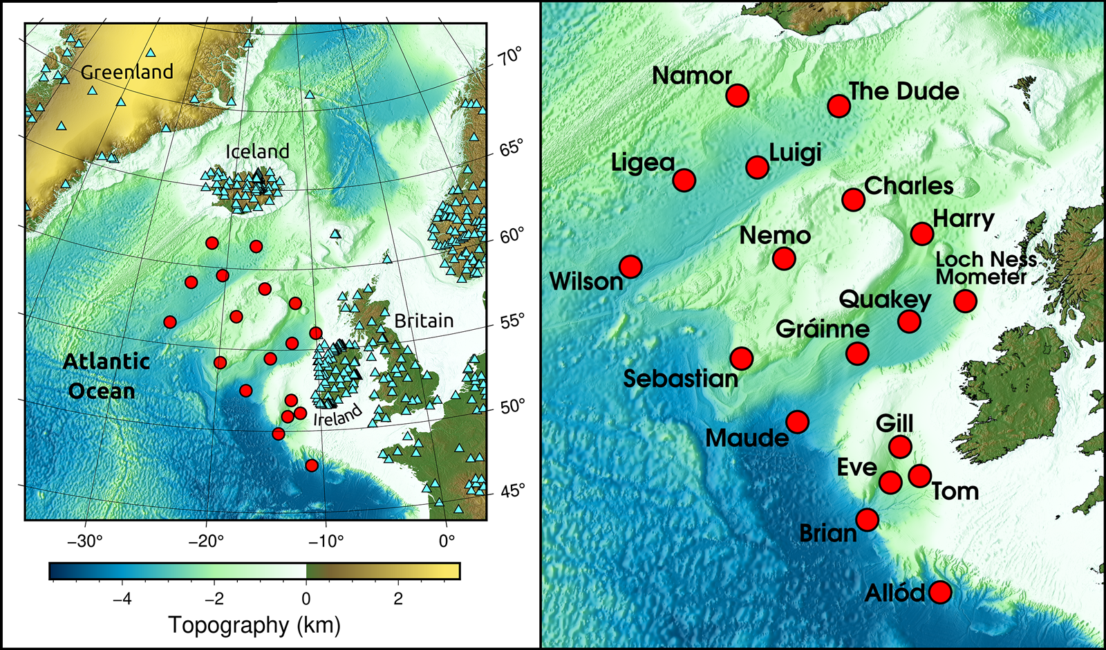 Maps of the North Atlantic showing the locations and names of ocean bottom seismic stations Maps of the North Atlantic showing the locations and names of ocean bottom seismic stations