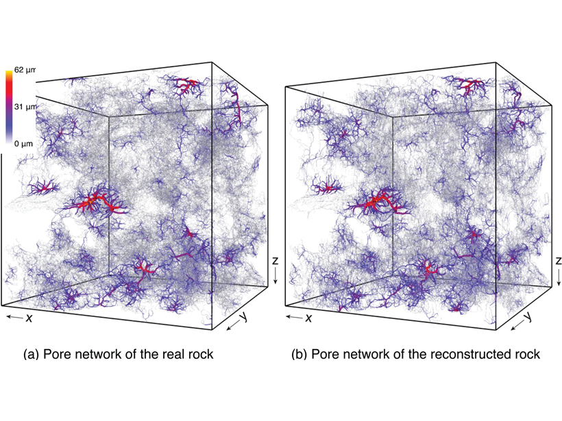 Two images comparing a high-resolution pore network in rock and a reconstruction of the same by the machine learning model.