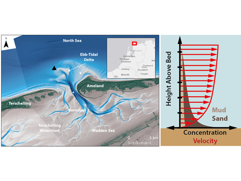 Map showing location of study area (left) and conceptual model of tidally driven mixed sand–mud sediment transport at flood tide (right).