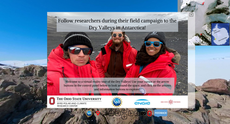 A photo of three scientists smiling at the camera in Antarctica in the center of a screenshot from a virtual field tour with introductory graphics and directional buttons A photo of three scientists smiling at the camera in Antarctica in the center of a screenshot from a virtual field tour with introductory graphics and directional buttons