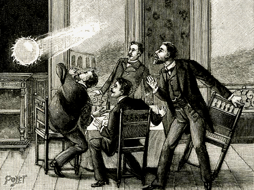 Four men at a dining table show surprise as a ball of lightning shoots in through a window.