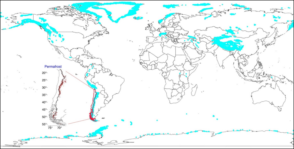 Map of glaciers around the world with inset of Chile showing potential locations of permafrost Map of glaciers around the world with inset of Chile showing potential locations of permafrost