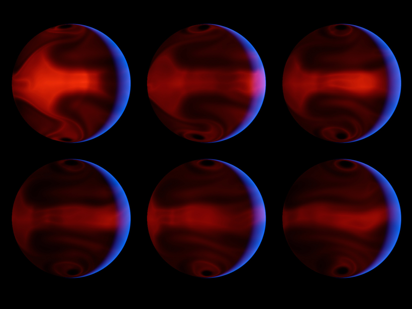 Six snapshots of a computer simulation showing intense storm patterns in the atmosphere of HD 80606 b. Each snapshot shows swirls of warmer red winds cutting through cooler blue atmospheric layers.
