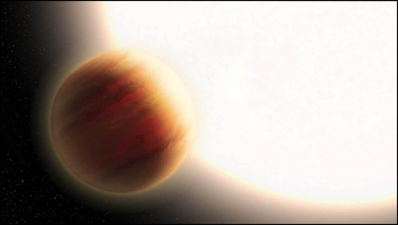 Illustration of the superhot exoplanet WASP-79 b orbiting very close to a white-hot star Illustration of the superhot exoplanet WASP-79 b orbiting very close to a white-hot star