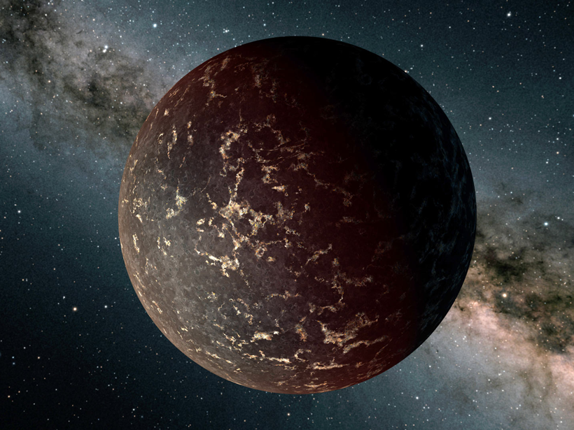 A rocky, airless exoplanet with a mottled surface of dark and light brown rock sits in front of the dusty band of the Milky Way and a scattering of stars.