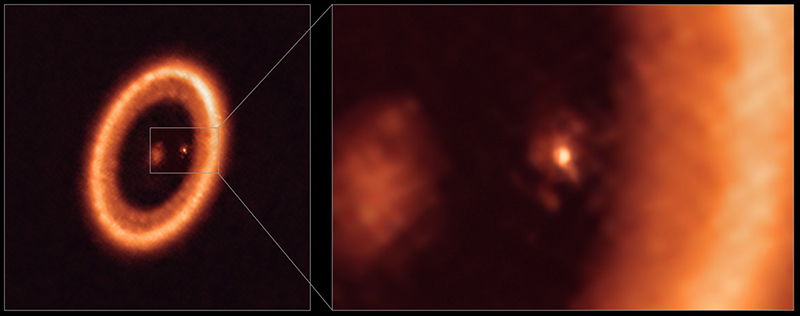 Shown are infrared images of the PDS 70 system (left) and a zoomed-in section of the circumstellar disk (right). The full image shows a single ring of orange material, a dull orange glow at the center where the star is, and a bright white-orange dot just inside the ring at 2 o’clock that is PDS 70 c. The right-hand image zooms in on PDS 70 c and shows a diffuse glow around the central bright spot, which is the circumplanetary disk. The inside edge of the circumstellar ring takes up most of the right-hand side of the zoomed-in image.