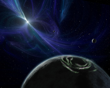 A brilliant aurora encircles the pole of one of the planets orbiting the pulsar PSR B1257+12. A brilliant aurora encircles the pole of one of the planets orbiting the pulsar PSR B1257+12.