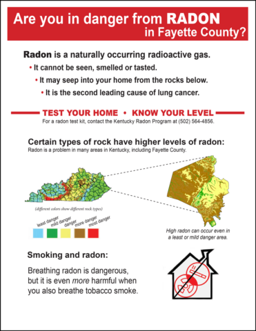 Flyer explaining what radon is and how to determine risk in Fayette County, Kentucky