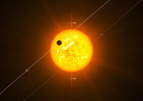 The retrograde orbit of WASP-8 b is depicted with its sun in this illustration. The retrograde orbit of WASP-8 b is depicted with its sun in this illustration.
