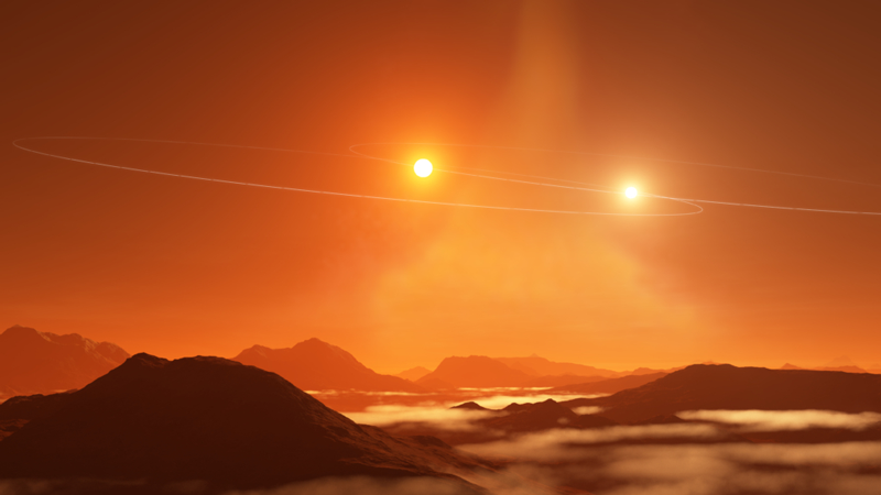 Illustration of twin suns setting on a Tatooine-like world, which orbits both members of a binary star Illustration of twin suns setting on a Tatooine-like world, which orbits both members of a binary star