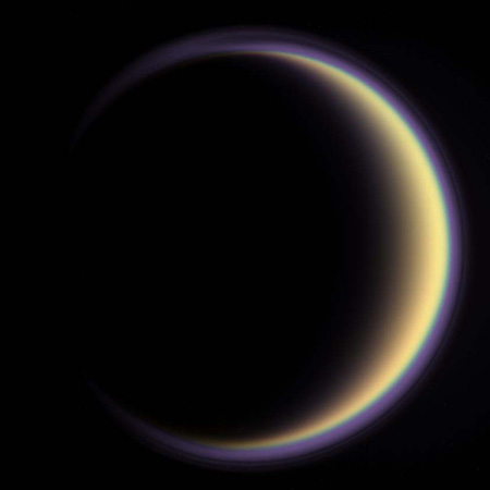 Satellite image of the hazy atmosphere of Saturn's moon Titan Satellite image of the hazy atmosphere of Saturn's moon Titan