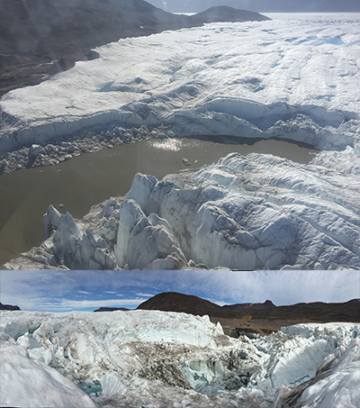 Aerial view of a lake atop a glacier (top); view of a deep glacial chasm from the top of the glacier Aerial view of a lake atop a glacier (top); view of a deep glacial chasm from the top of the glacier