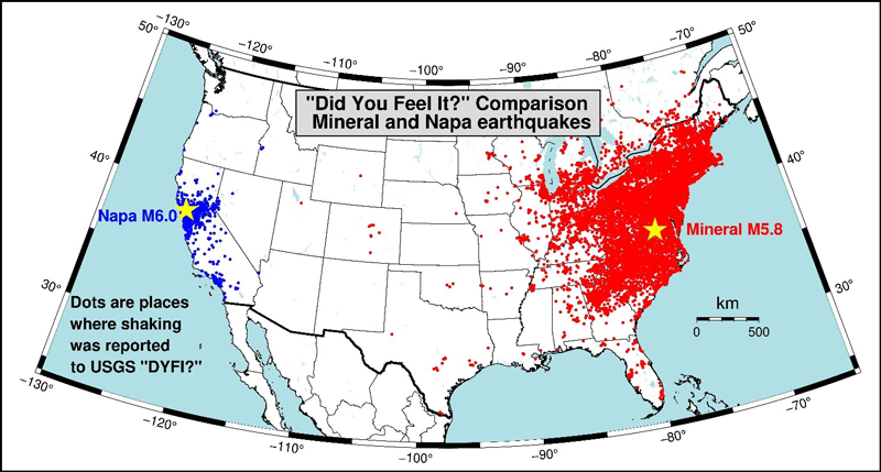 Map showing comparison of felt reports from the 2011 Mineral, Va., earthquake and the 2014 Napa, Calif., earthquake.